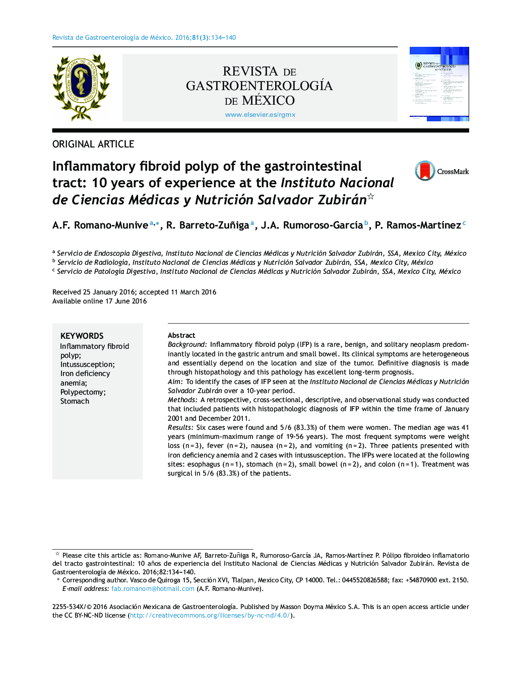 Inflammatory fibroid polyp of the gastrointestinal tract: 10 years of experience at the Instituto Nacional de Ciencias Médicas y Nutrición Salvador Zubirán 