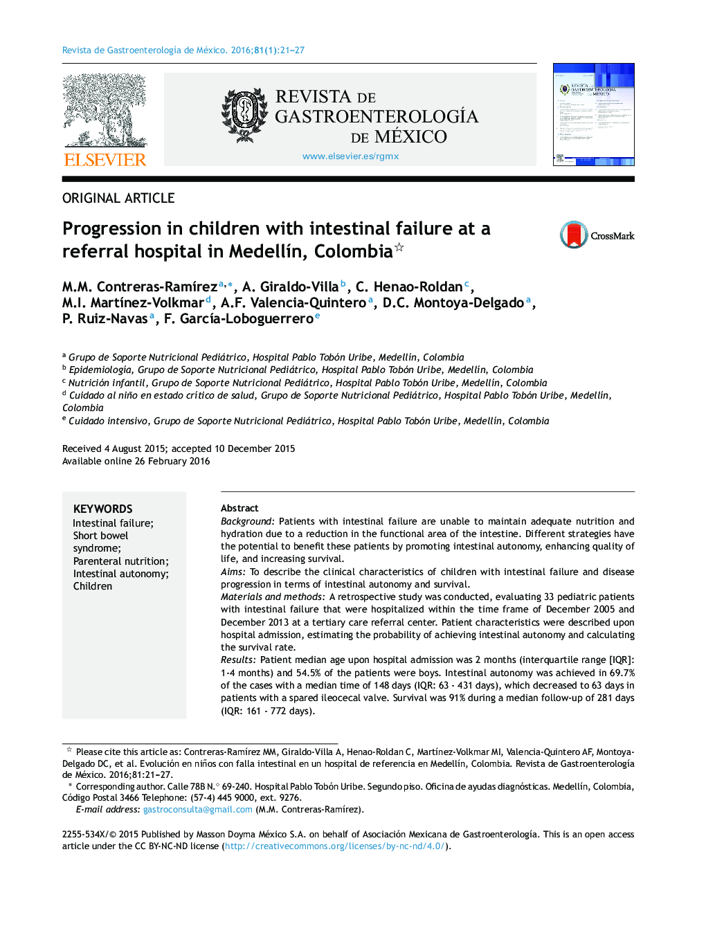 پیشرفت در کودکان مبتلا به نارسایی روده در بیمارستان مرجع در مدلیین، کلمبیا
