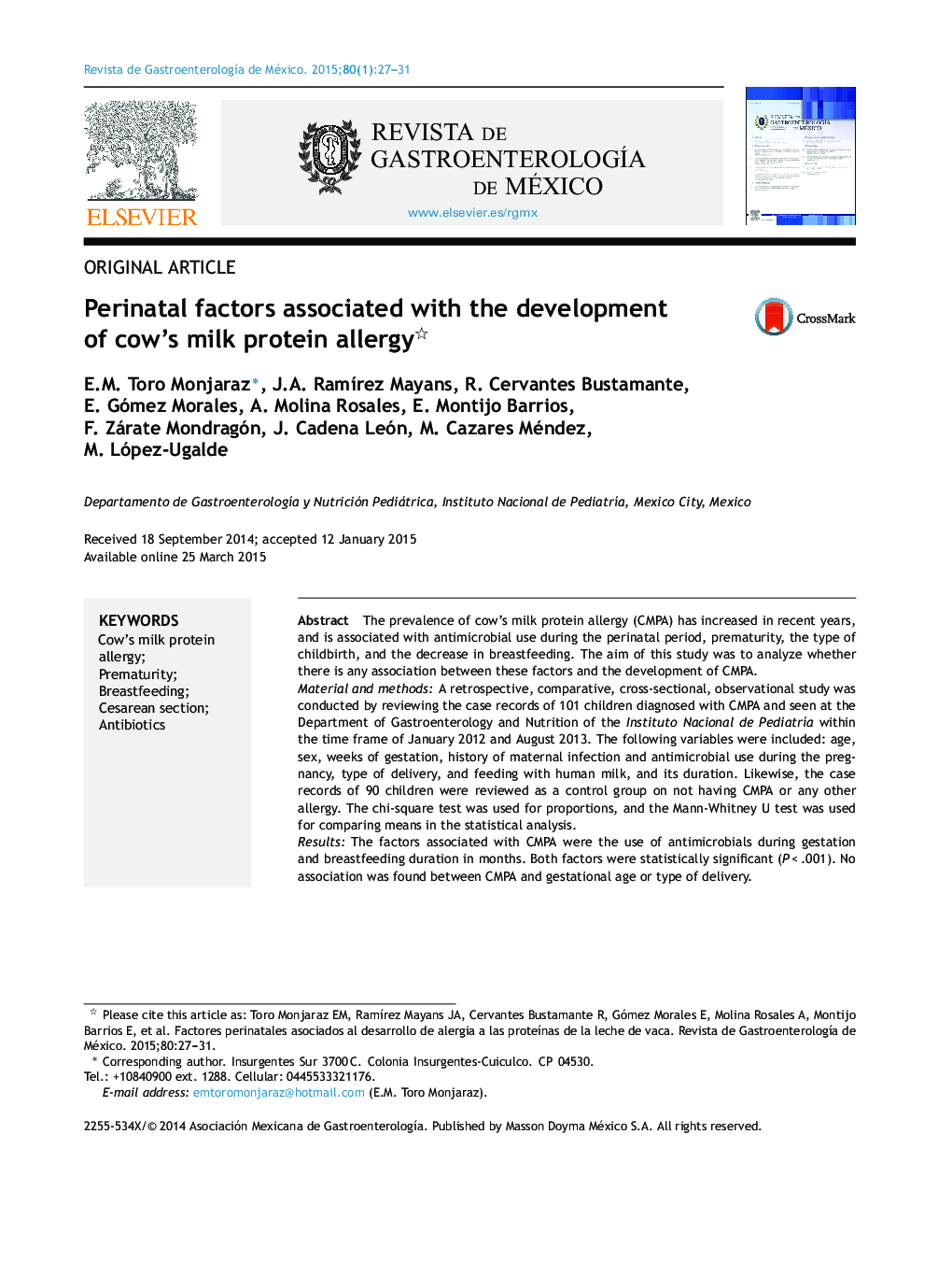 Perinatal factors associated with the development of cow's milk protein allergy 