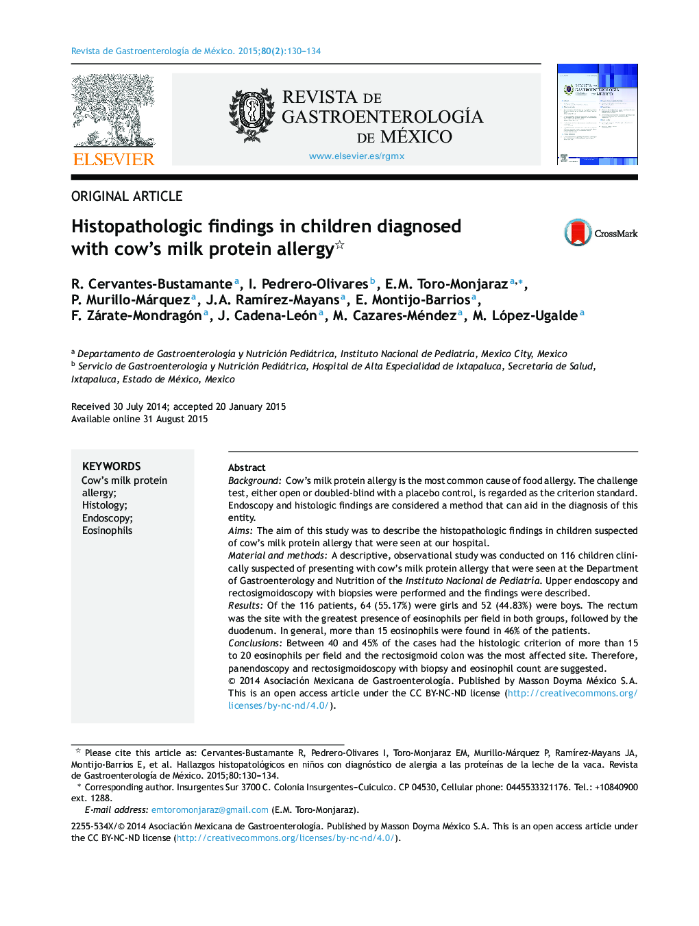 Histopathologic findings in children diagnosed with cow's milk protein allergy 