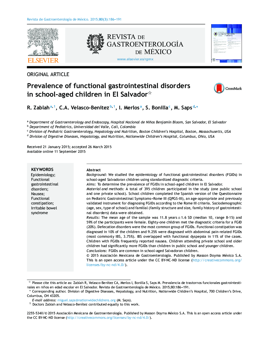 Prevalence of functional gastrointestinal disorders in school-aged children in El Salvador 