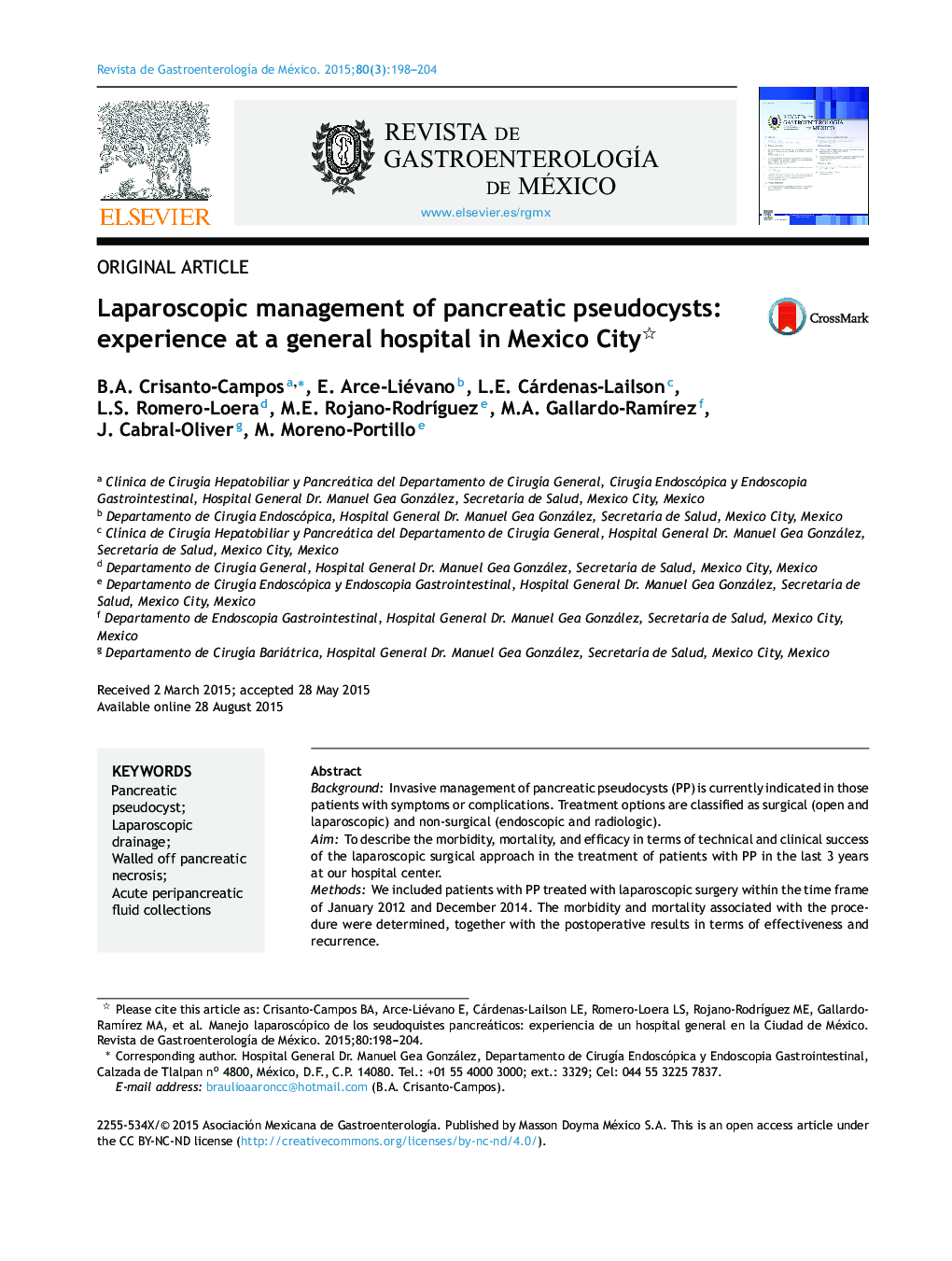 Laparoscopic management of pancreatic pseudocysts: experience at a general hospital in Mexico City 