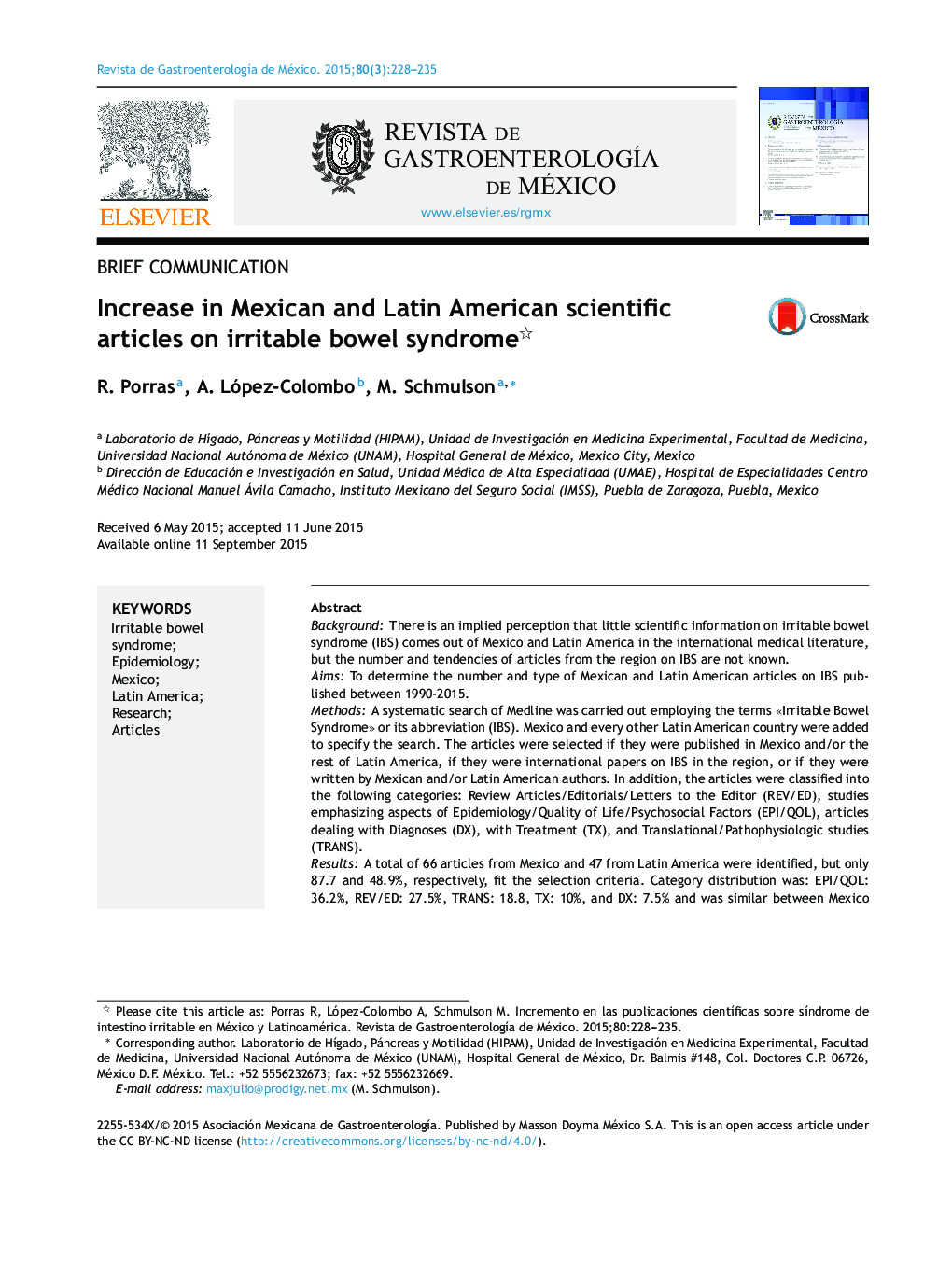 Increase in Mexican and Latin American scientific articles on irritable bowel syndrome 