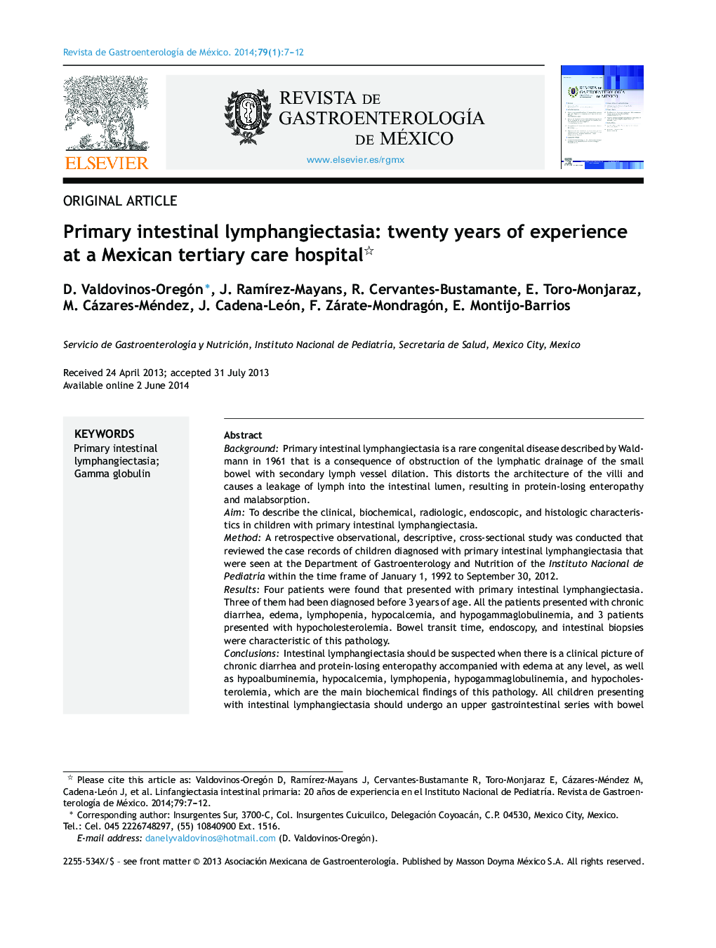 لنفانکتکتازی روده اولیه: بیست سال تجربه در بیمارستان مراقبت از بیمارستان مکزیک 