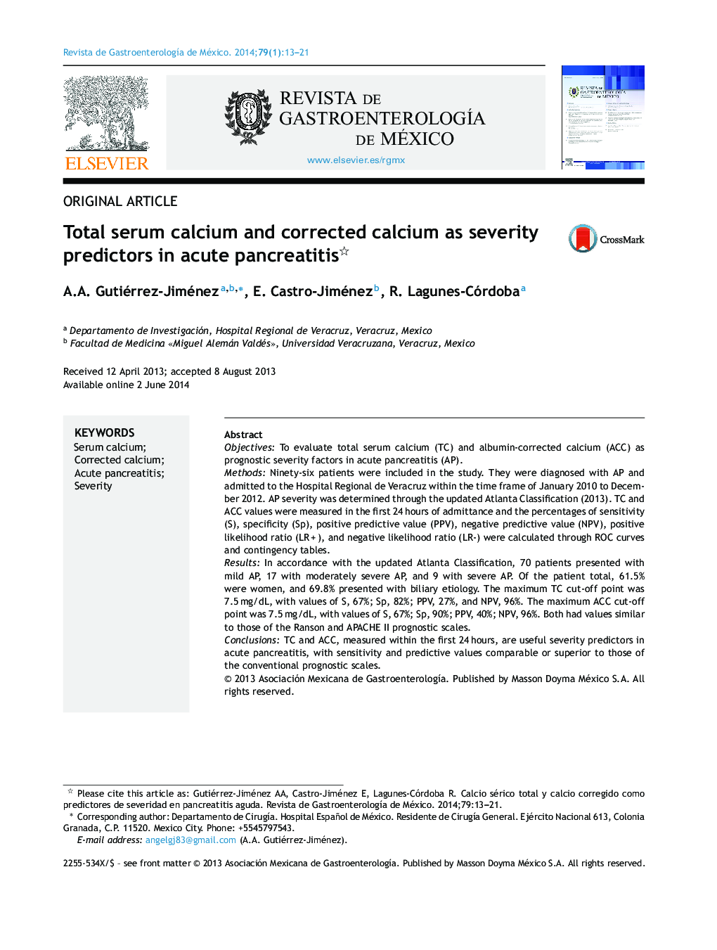 Total serum calcium and corrected calcium as severity predictors in acute pancreatitis 