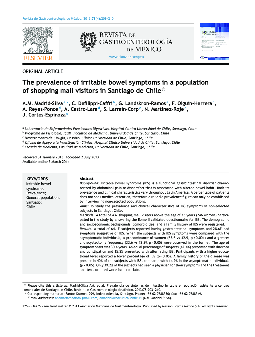 The prevalence of irritable bowel symptoms in a population of shopping mall visitors in Santiago de Chile 