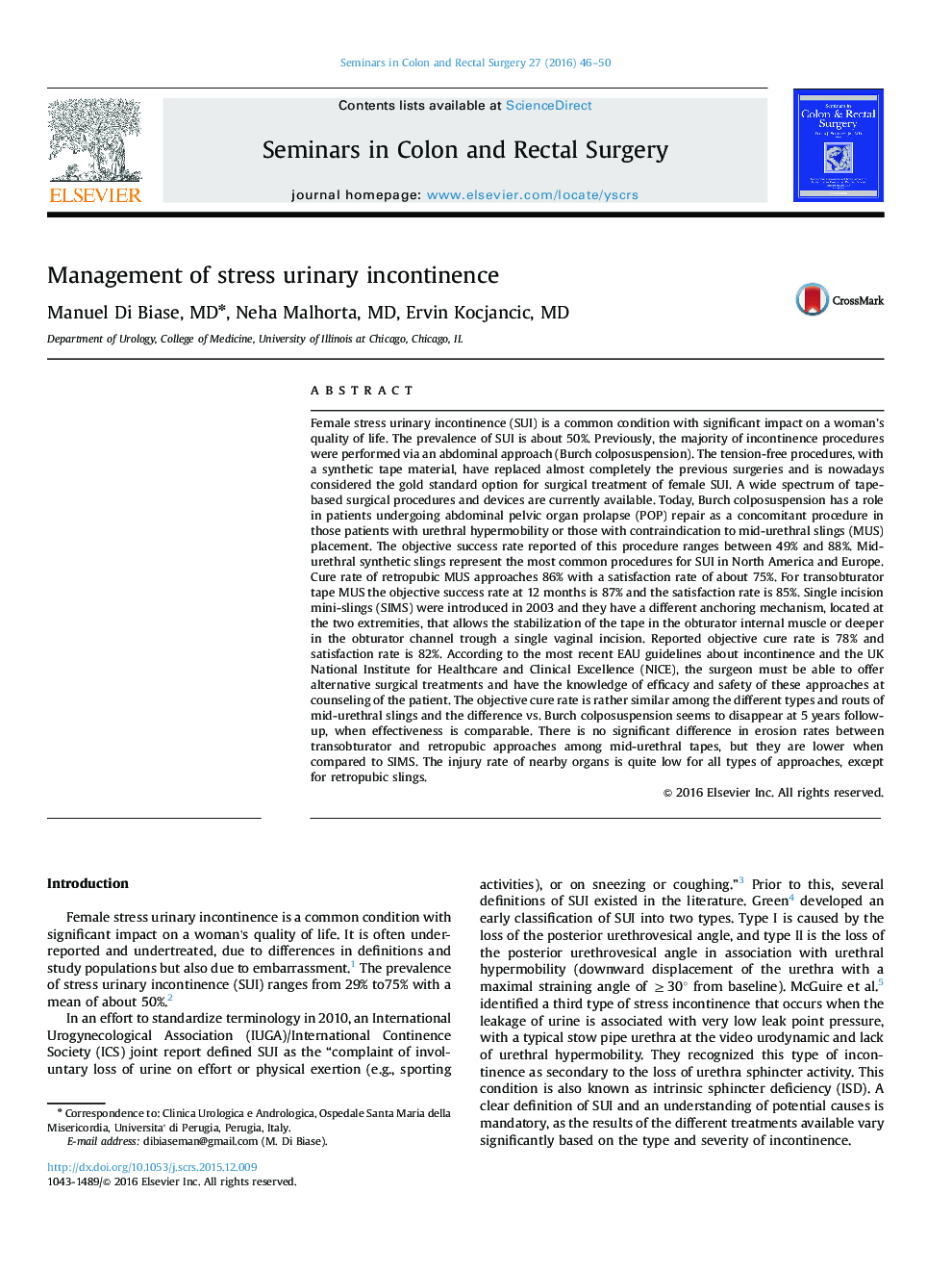 Management of stress urinary incontinence