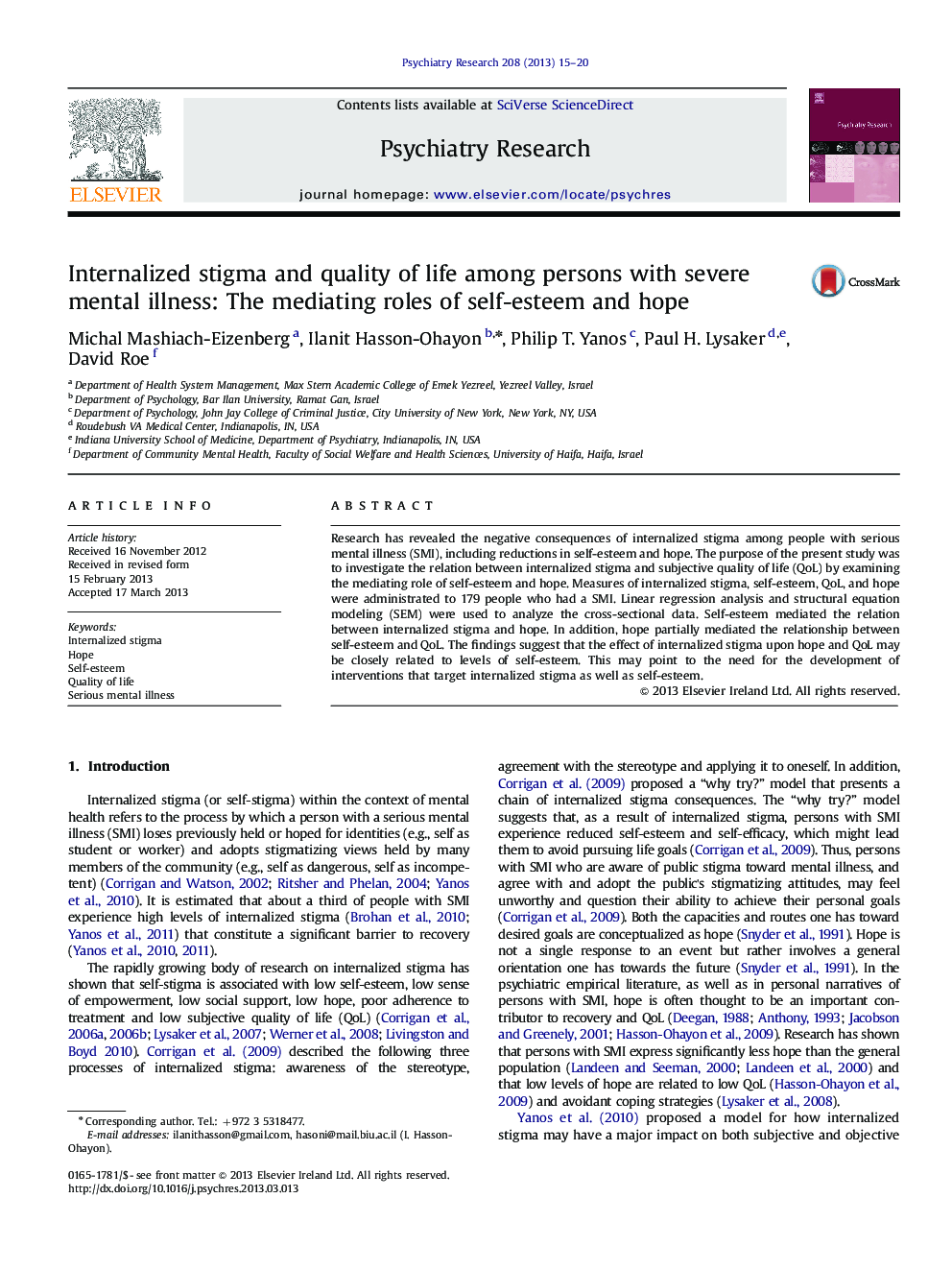 Internalized stigma and quality of life among persons with severe mental illness: The mediating roles of self-esteem and hope