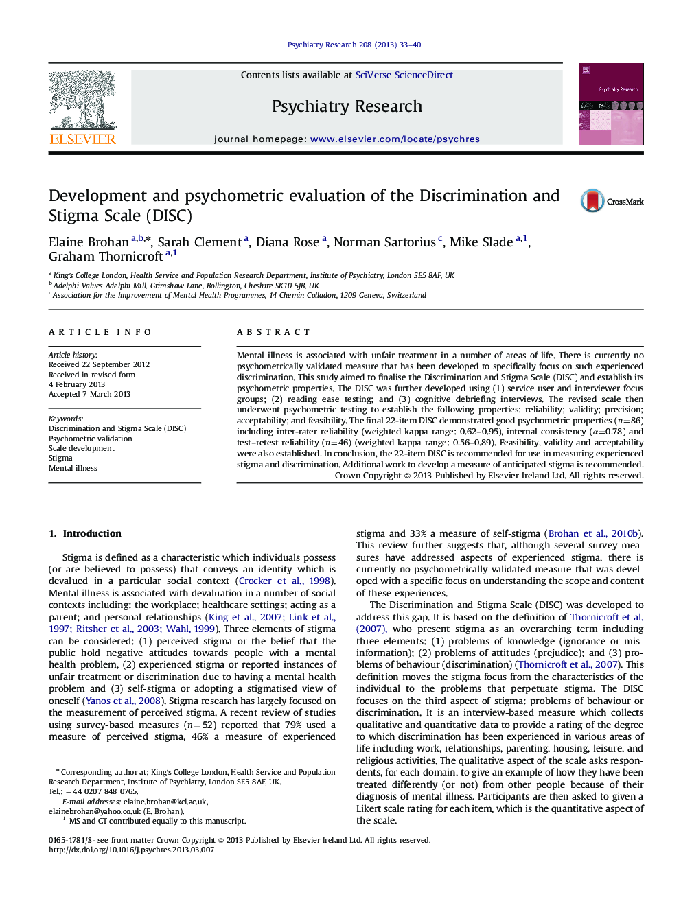 Development and psychometric evaluation of the Discrimination and Stigma Scale (DISC)