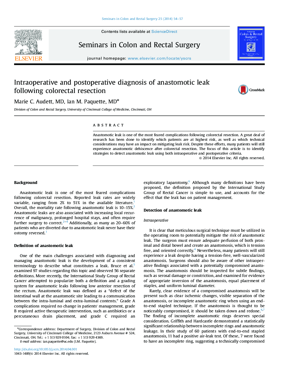 Intraoperative and postoperative diagnosis of anastomotic leak following colorectal resection