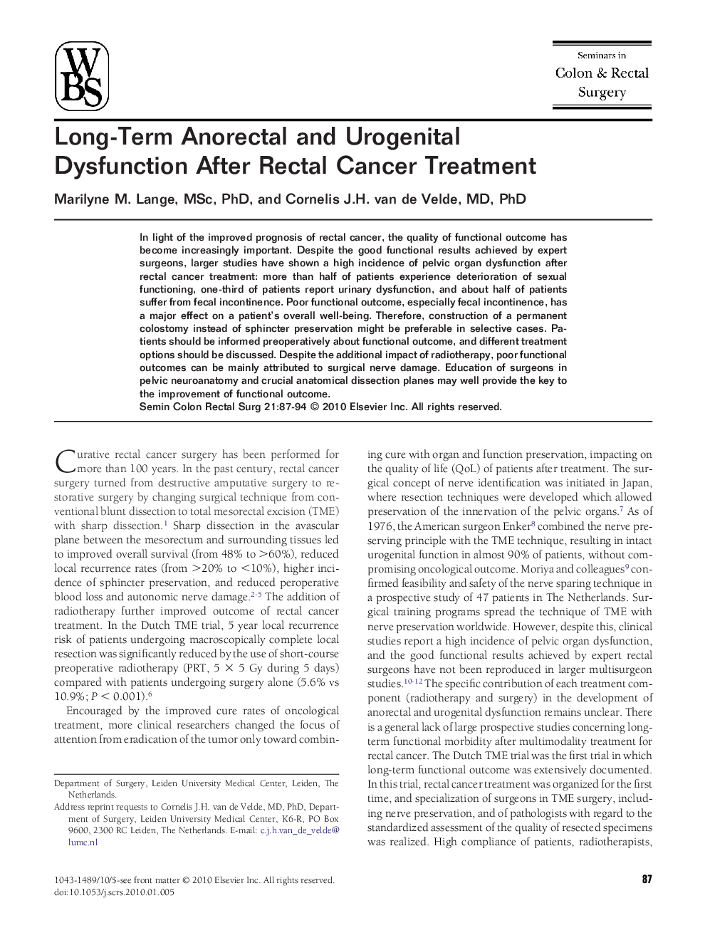 Long-Term Anorectal and Urogenital Dysfunction After Rectal Cancer Treatment