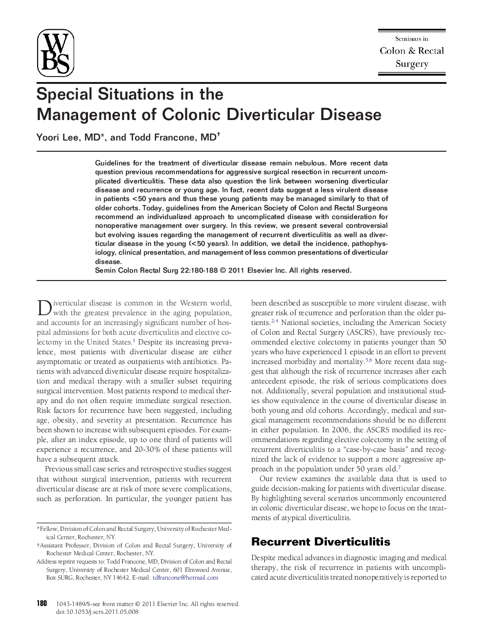 Special Situations in the Management of Colonic Diverticular Disease