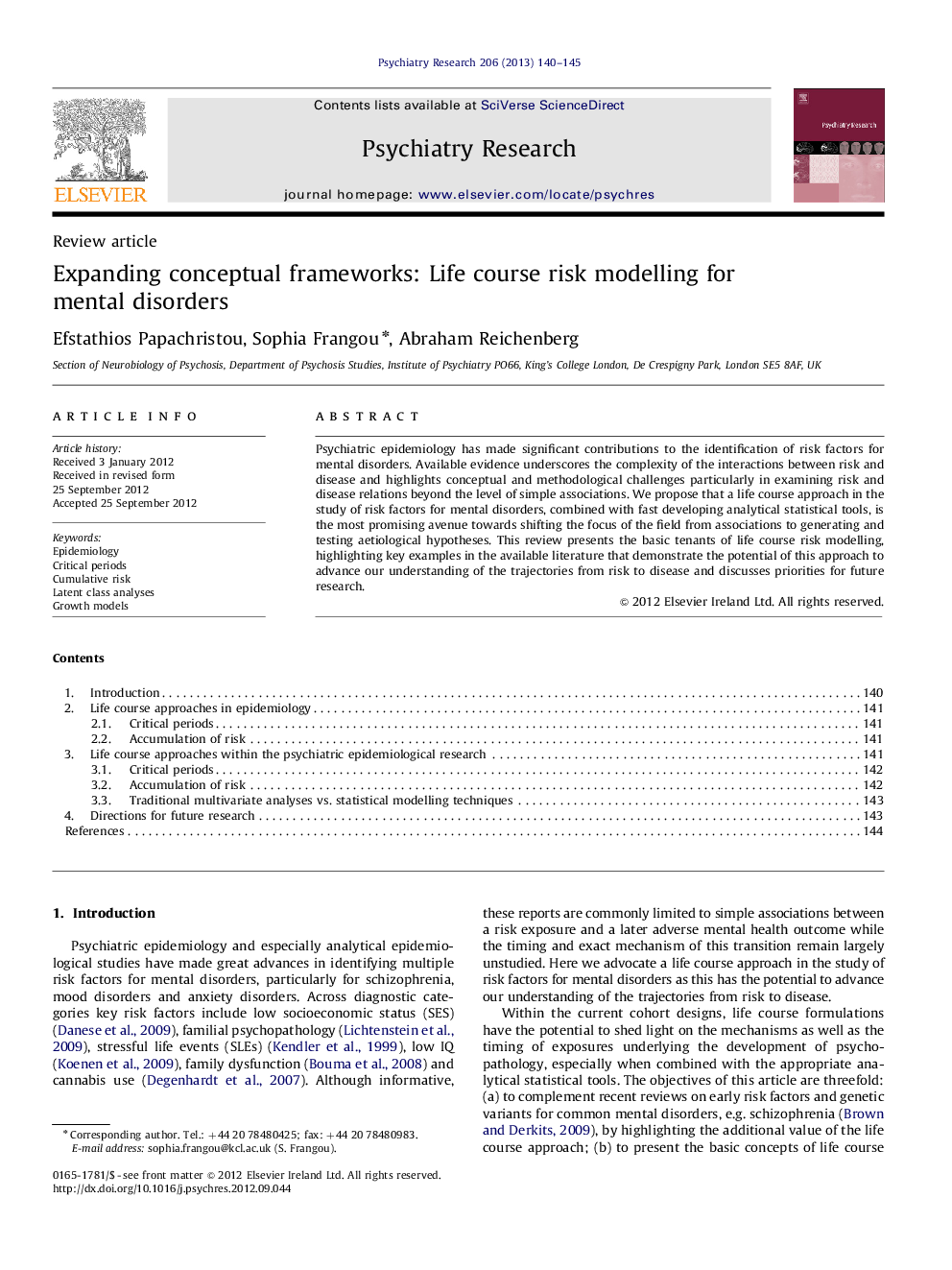 Expanding conceptual frameworks: Life course risk modelling for mental disorders