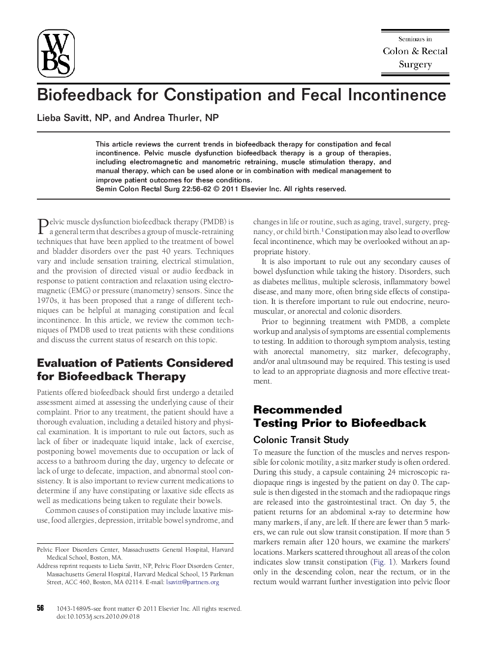 Biofeedback for Constipation and Fecal Incontinence