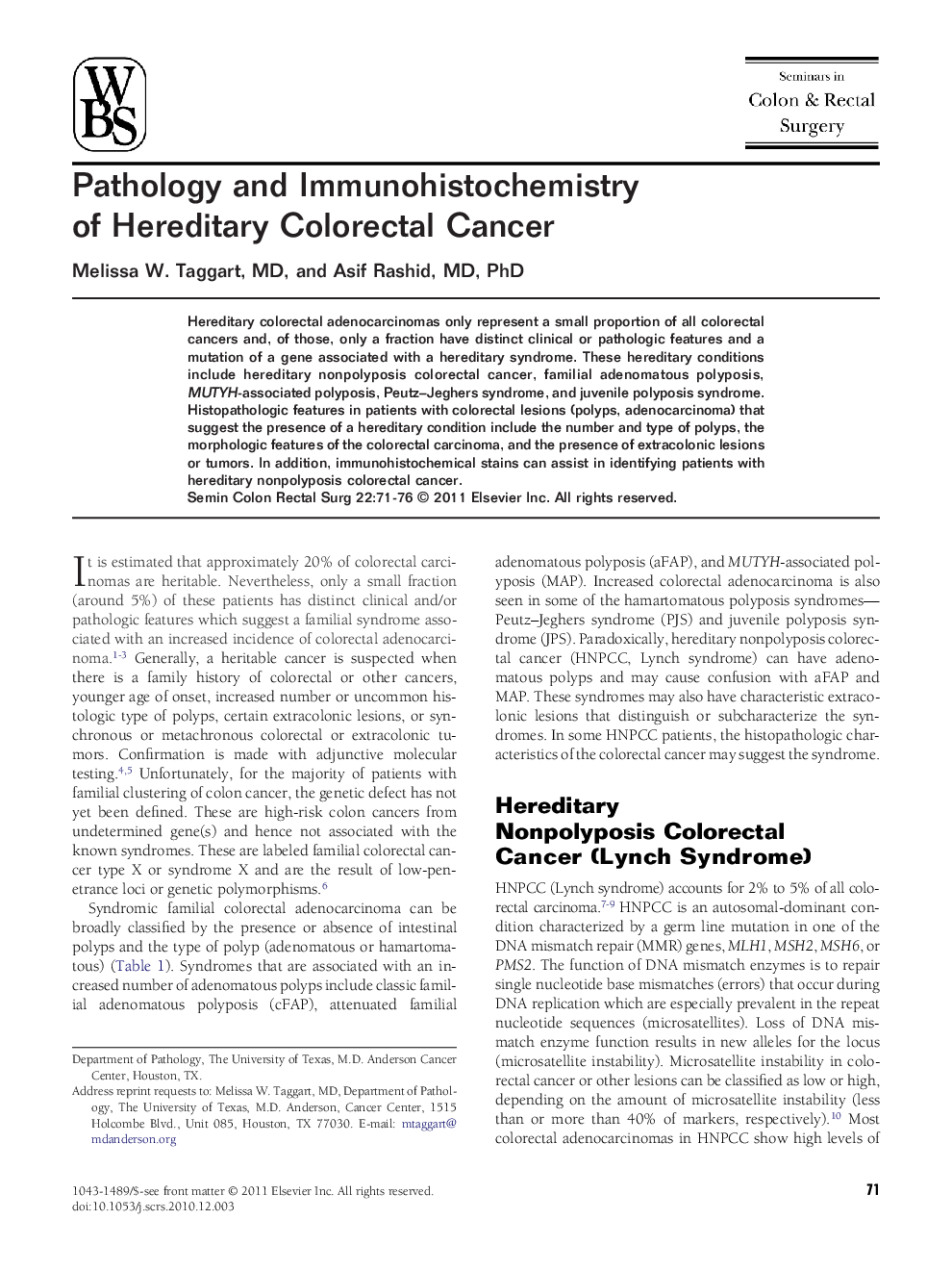 Pathology and Immunohistochemistry of Hereditary Colorectal Cancer