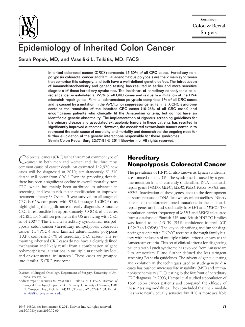 Epidemiology of Inherited Colon Cancer
