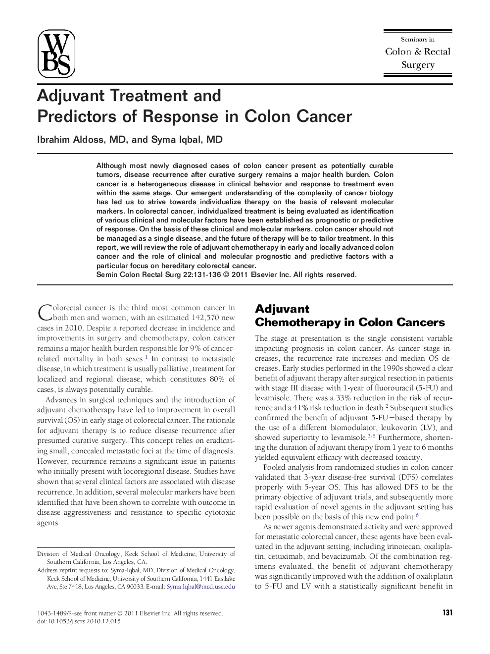 Adjuvant Treatment and Predictors of Response in Colon Cancer