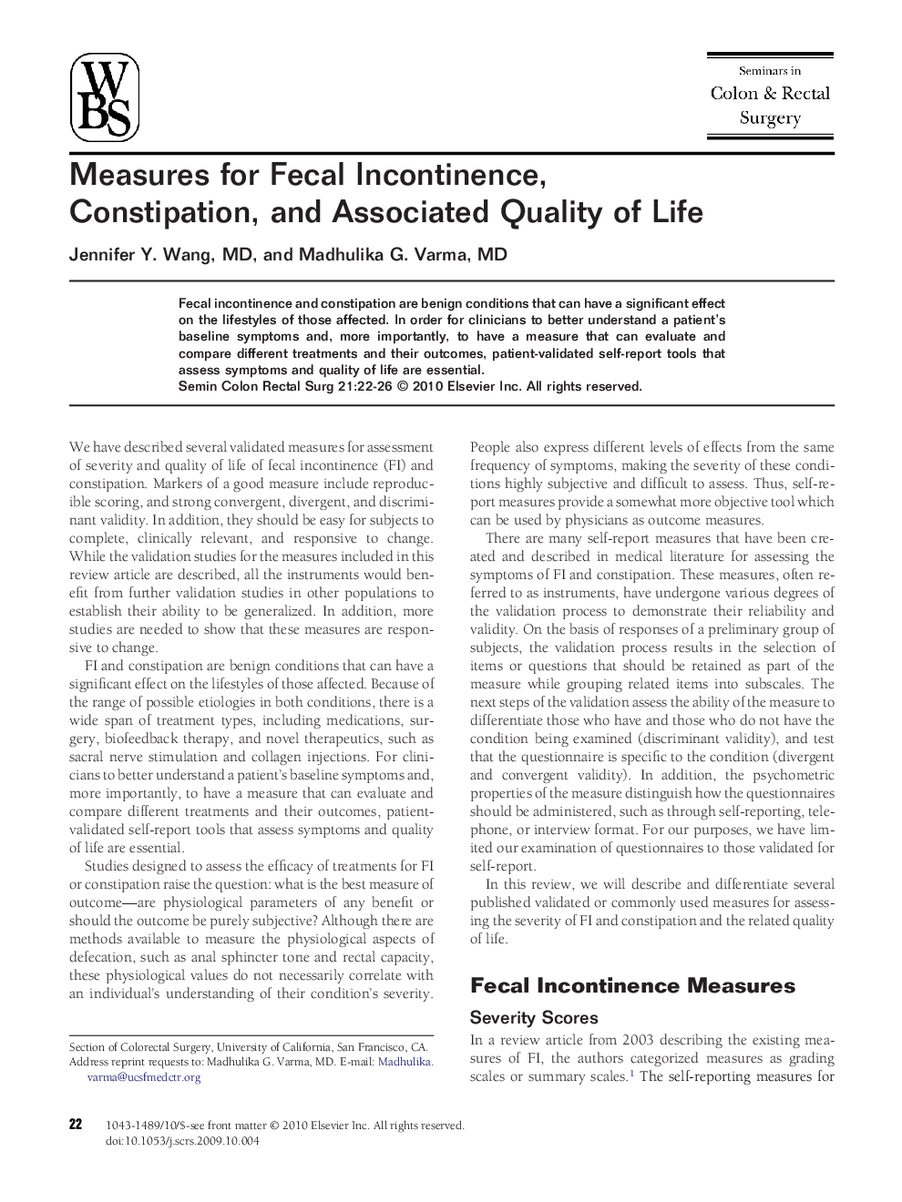 Measures for Fecal Incontinence, Constipation, and Associated Quality of Life