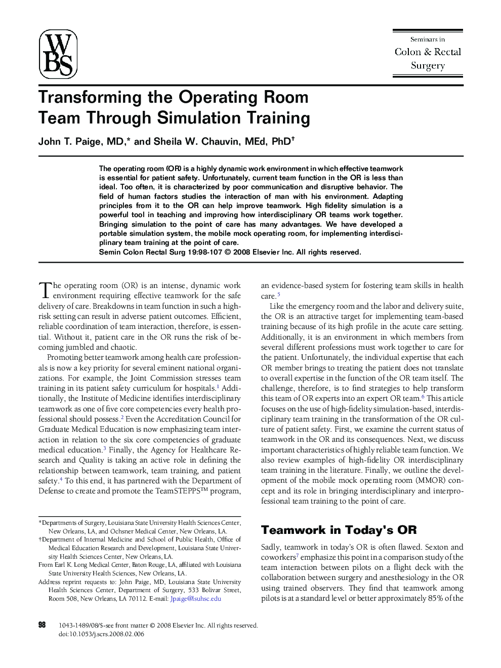 Transforming the Operating Room Team Through Simulation Training 