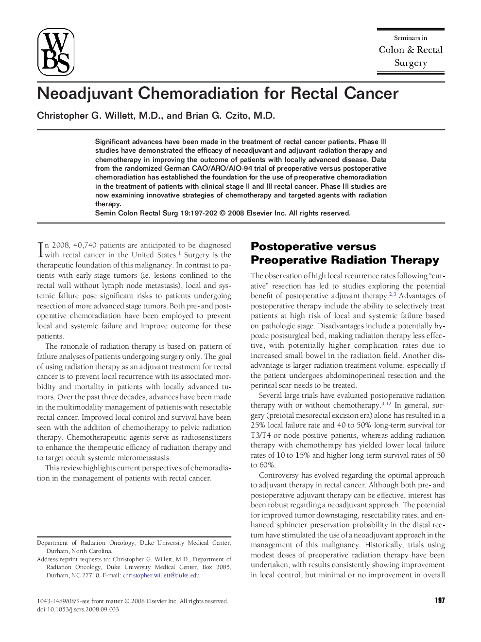 Neoadjuvant Chemoradiation for Rectal Cancer