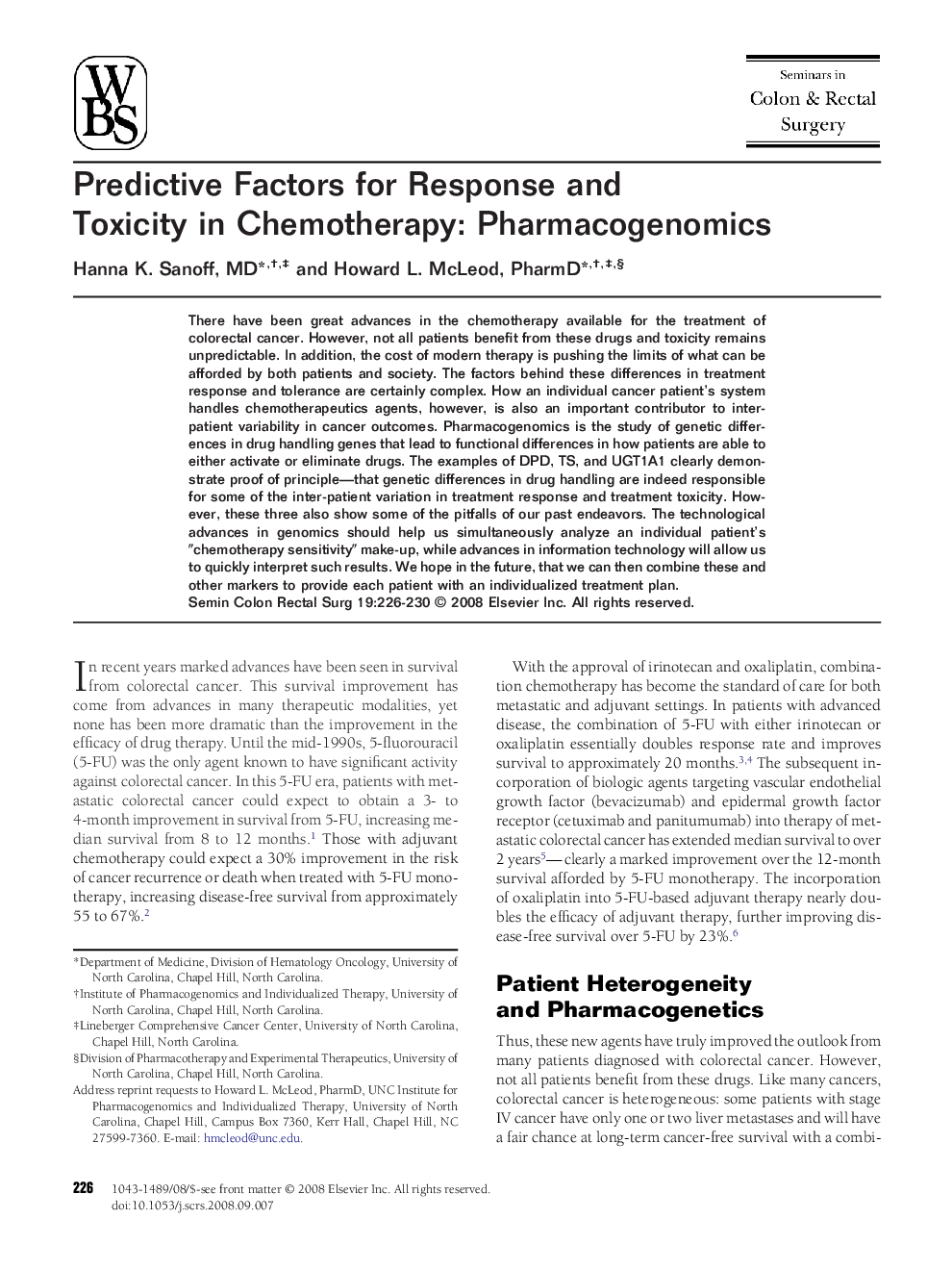 Predictive Factors for Response and Toxicity in Chemotherapy: Pharmacogenomics