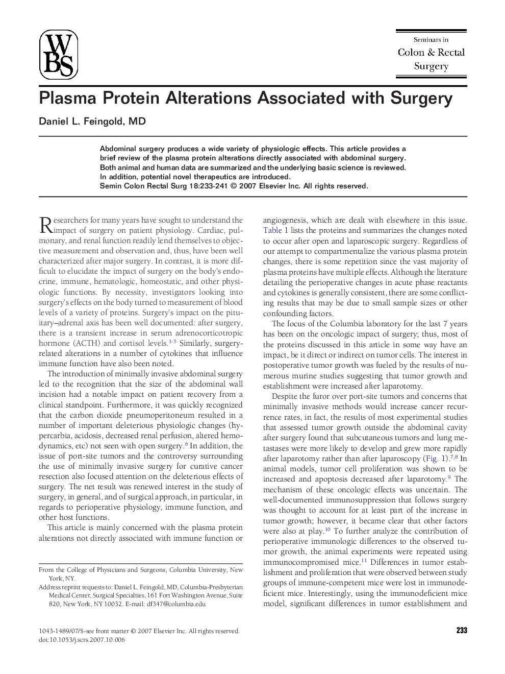 Plasma Protein Alterations Associated with Surgery