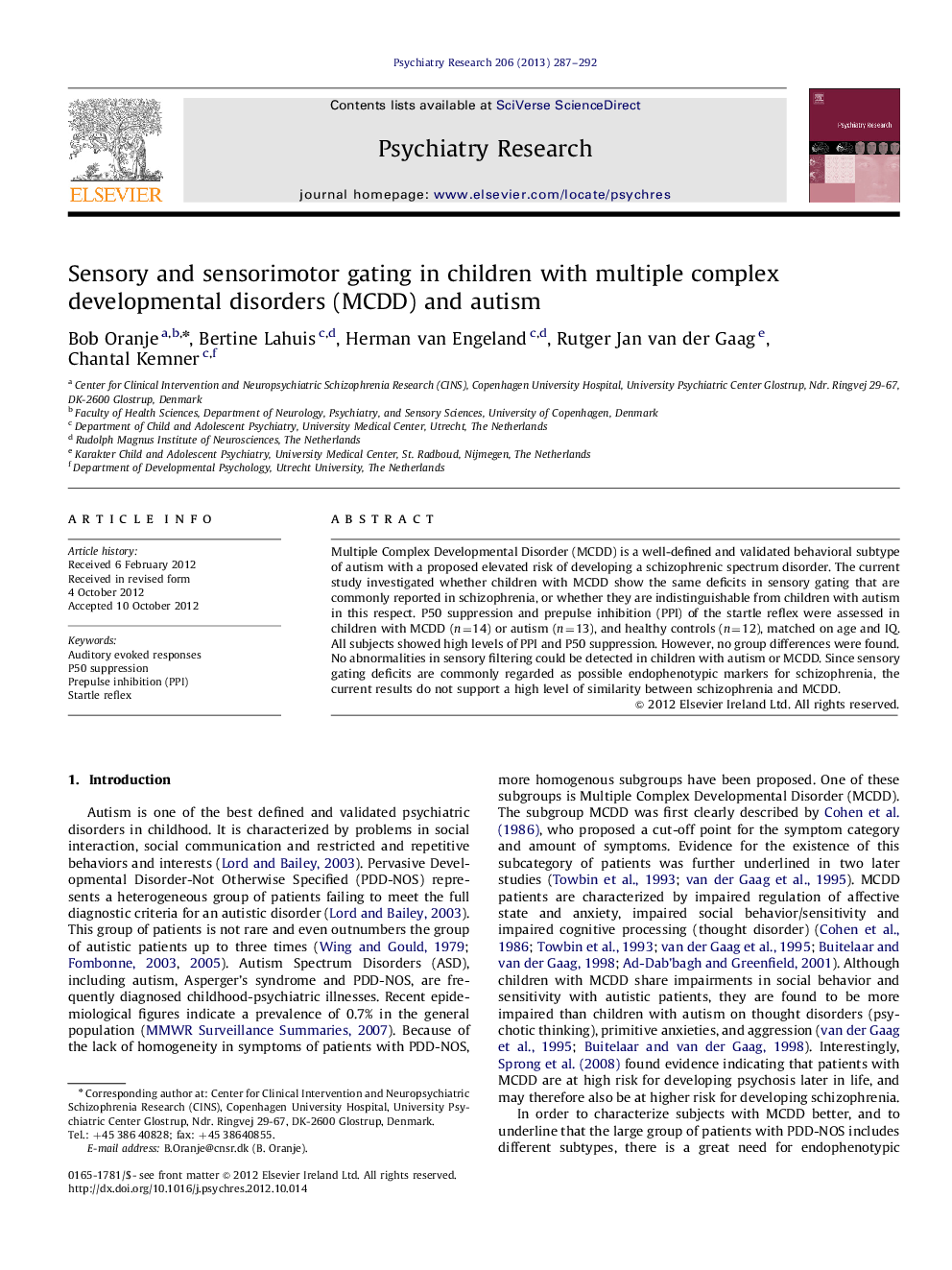 Sensory and sensorimotor gating in children with multiple complex developmental disorders (MCDD) and autism