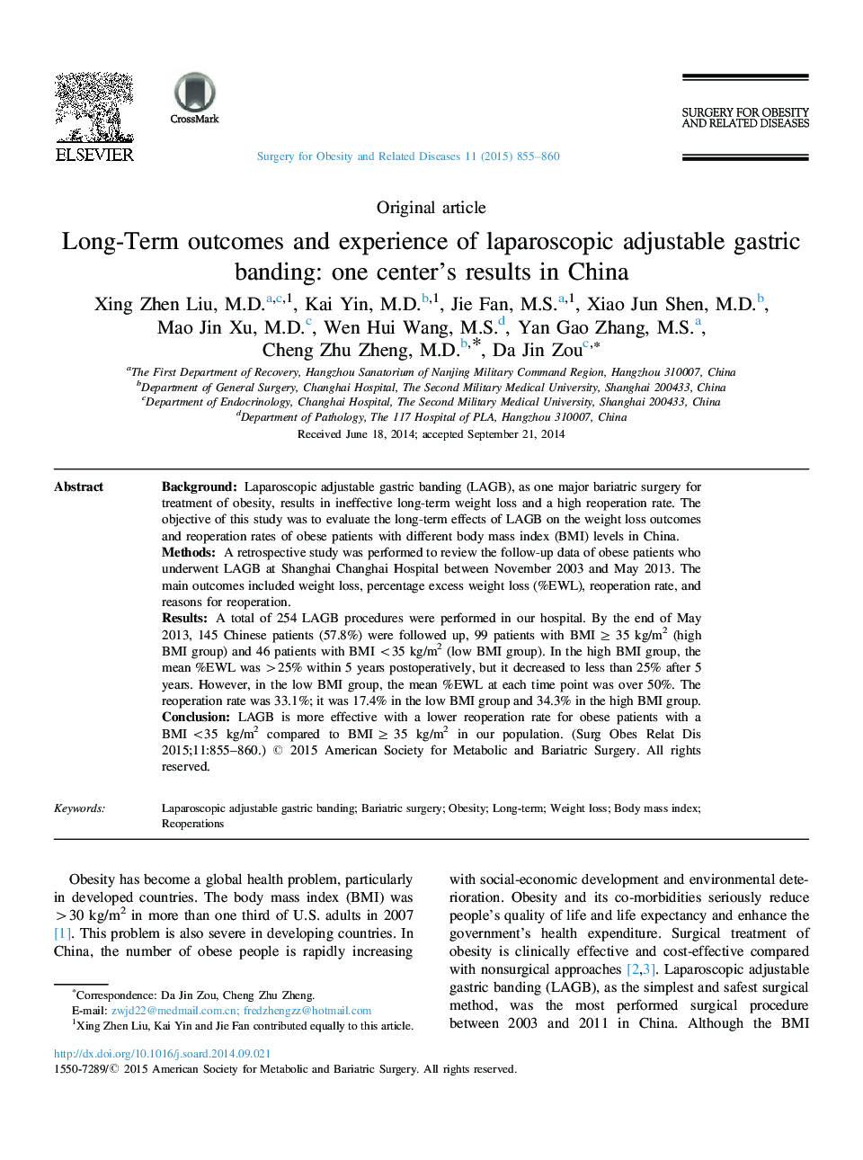 Long-Term outcomes and experience of laparoscopic adjustable gastric banding: one center's results in China