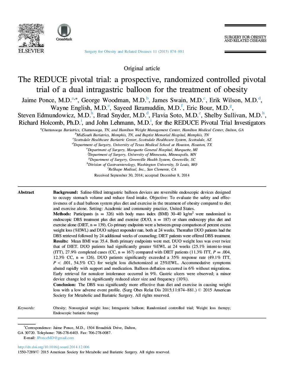 The REDUCE pivotal trial: a prospective, randomized controlled pivotal trial of a dual intragastric balloon for the treatment of obesity