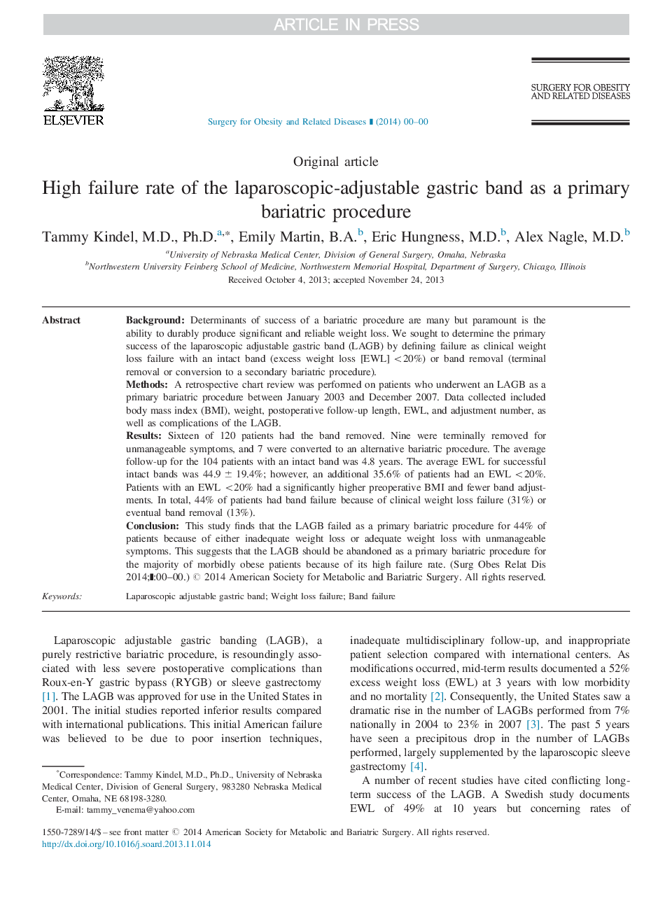 High failure rate of the laparoscopic-adjustable gastric band as a primary bariatric procedure