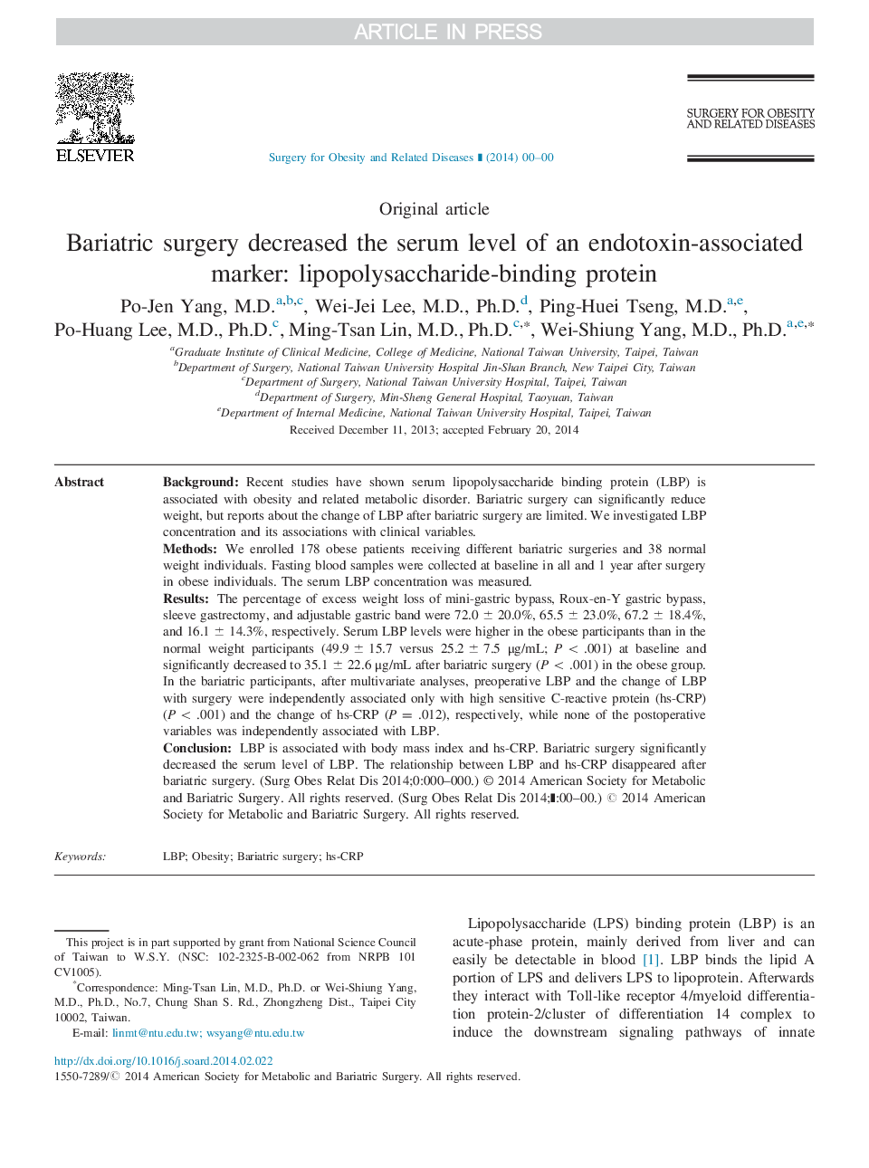 عکس صفحه اول مقاله: Bariatric surgery decreased the serum level of an endotoxin-associated marker: lipopolysaccharide-binding protein Bariatric surgery decreased the serum level of an endotoxin-associated marker: lipopolysaccharide-binding protein