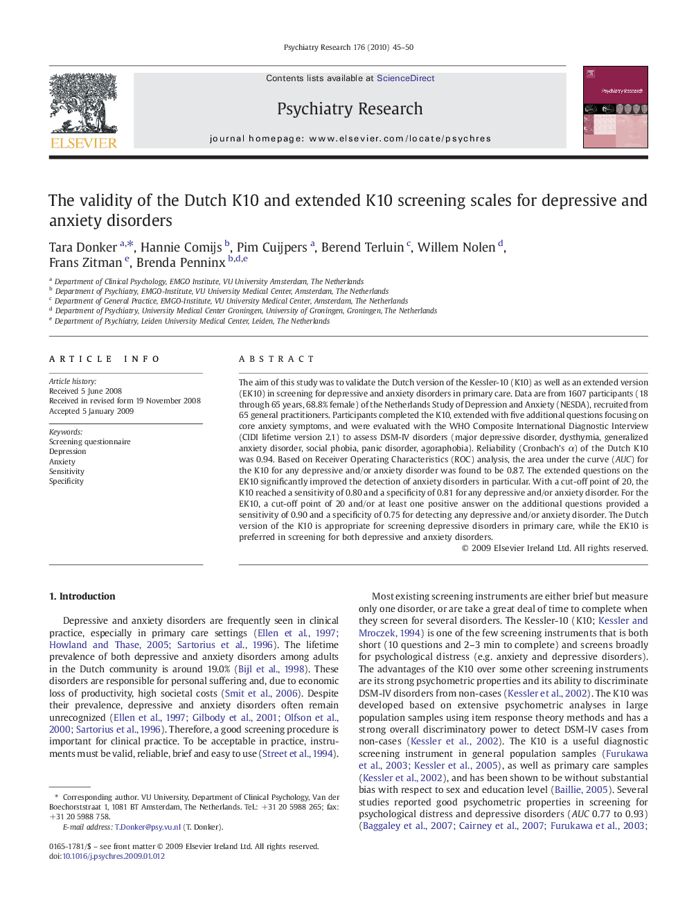 The validity of the Dutch K10 and extended K10 screening scales for depressive and anxiety disorders