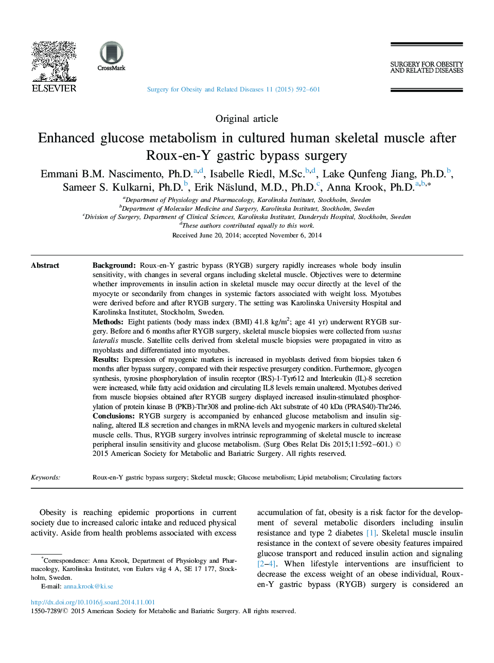 Enhanced glucose metabolism in cultured human skeletal muscle after Roux-en-Y gastric bypass surgery