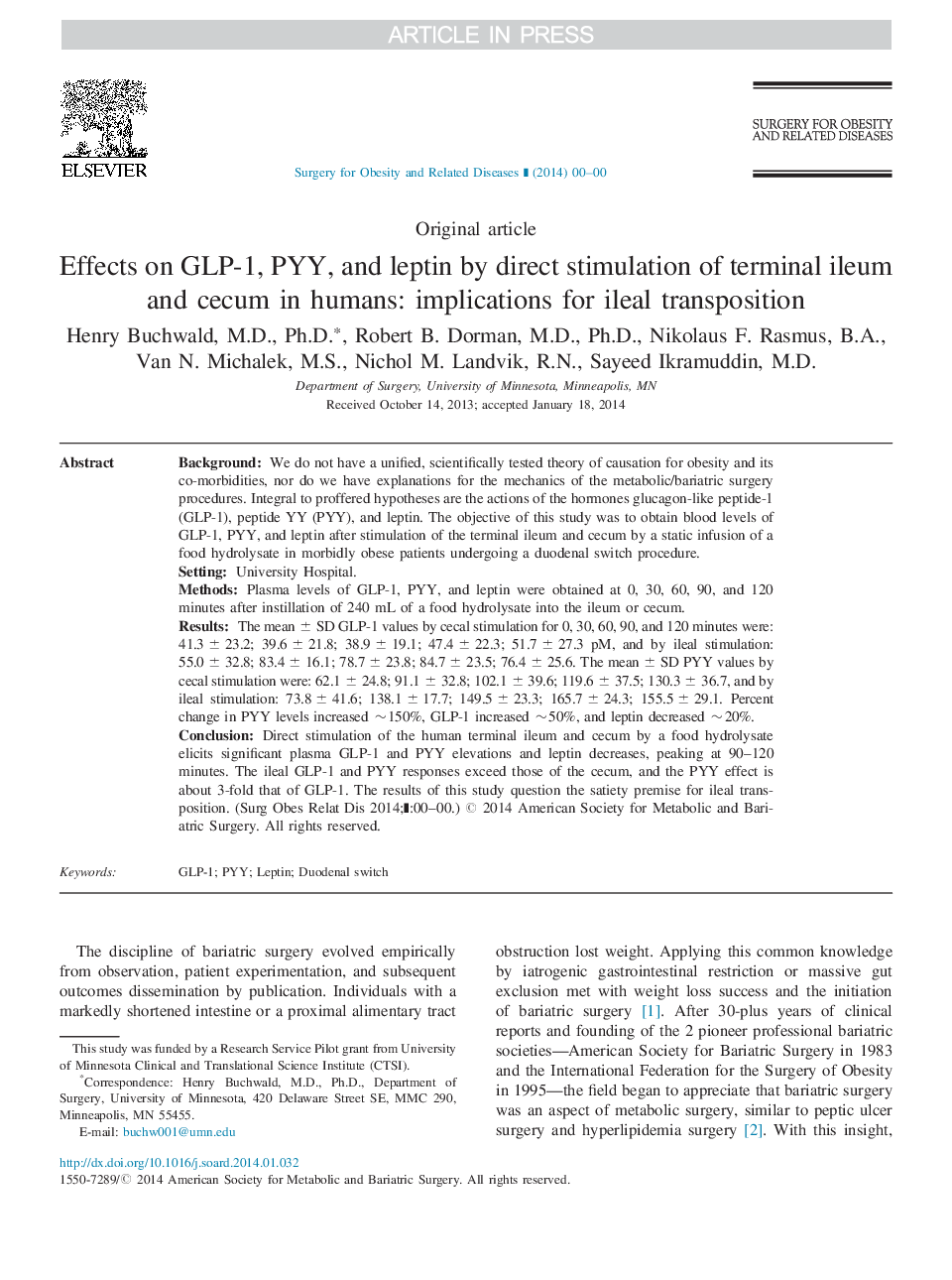 Effects on GLP-1, PYY, and leptin by direct stimulation of terminal ileum and cecum in humans: implications for ileal transposition