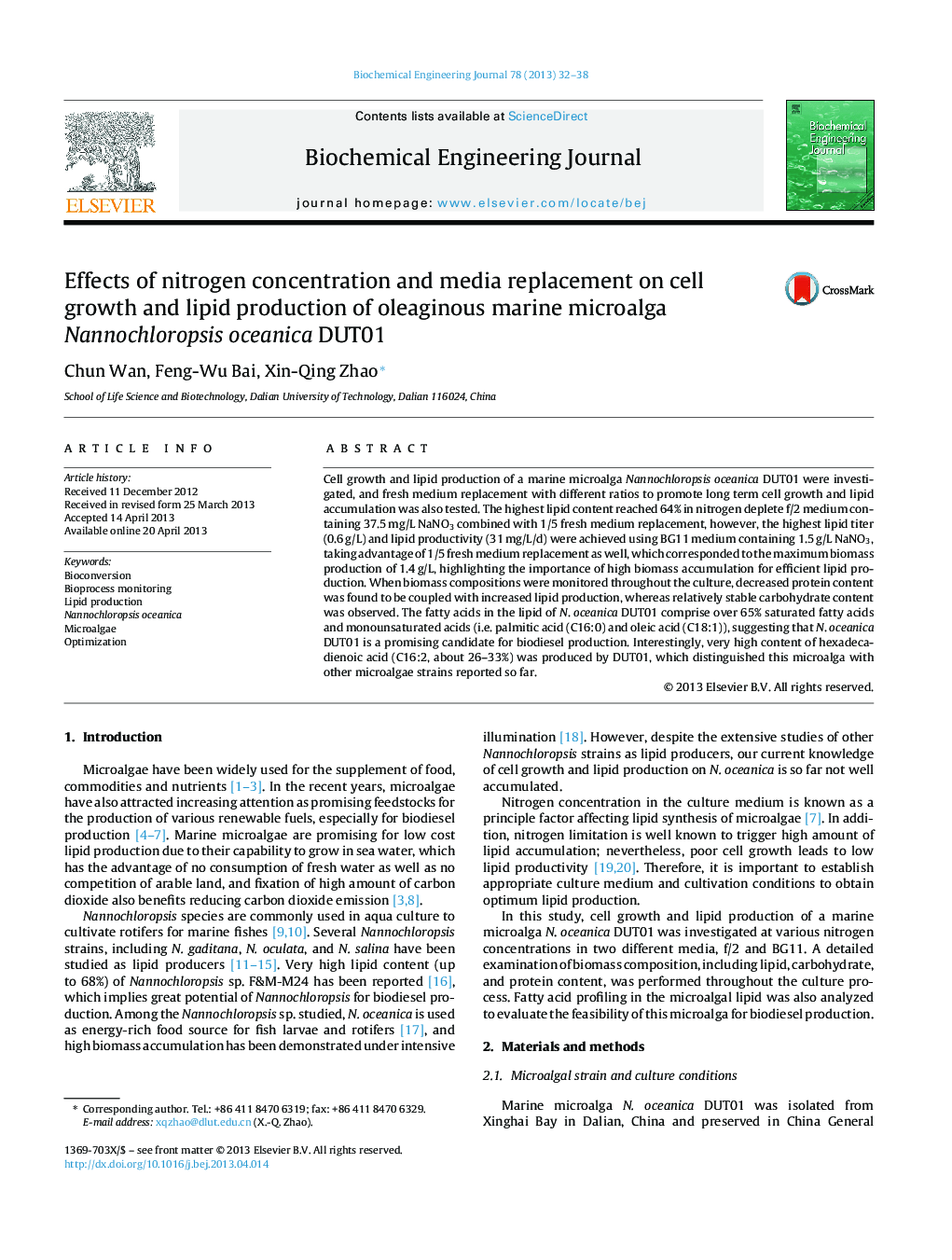 Effects of nitrogen concentration and media replacement on cell growth and lipid production of oleaginous marine microalga Nannochloropsis oceanica DUT01