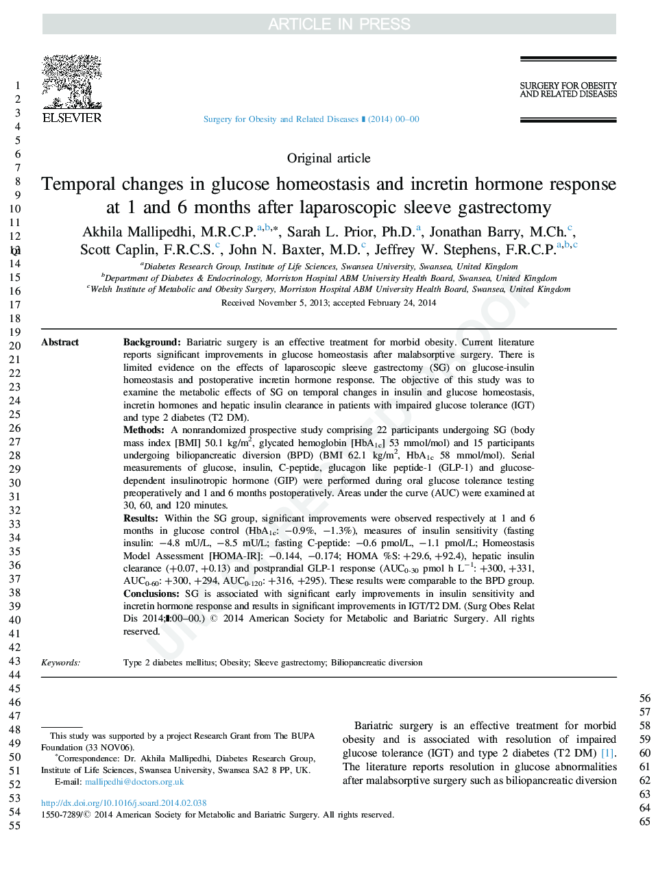 Temporal changes in glucose homeostasis and incretin hormone response at 1 and 6 months after laparoscopic sleeve gastrectomy