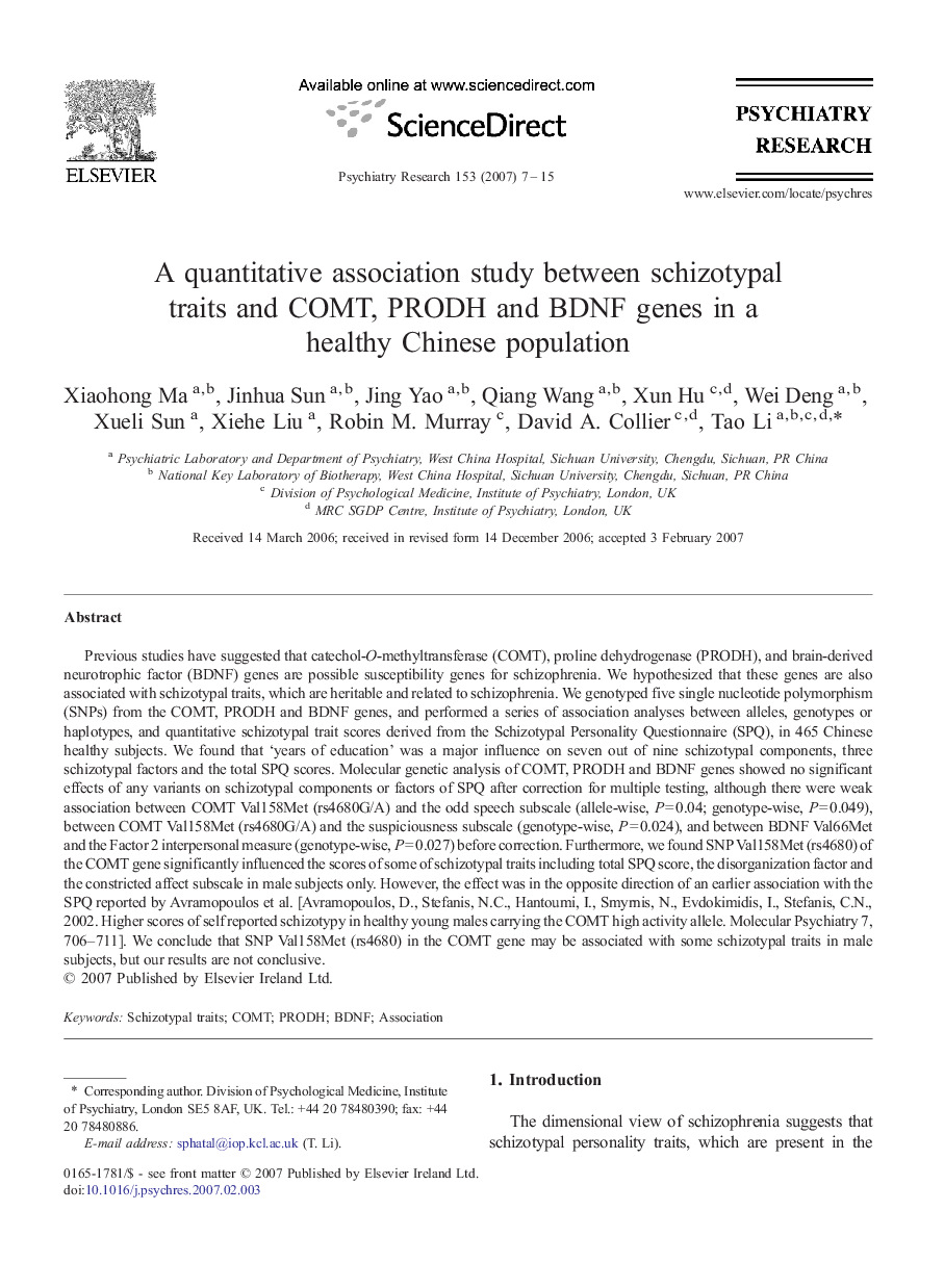 A quantitative association study between schizotypal traits and COMT, PRODH and BDNF genes in a healthy Chinese population