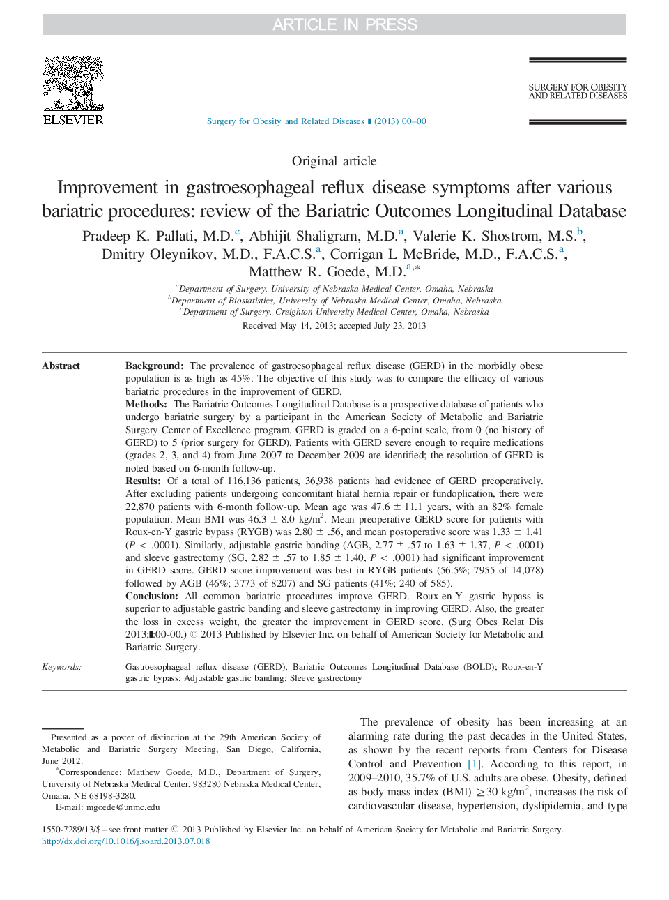 Improvement in gastroesophageal reflux disease symptoms after various bariatric procedures: Review of the Bariatric Outcomes Longitudinal Database