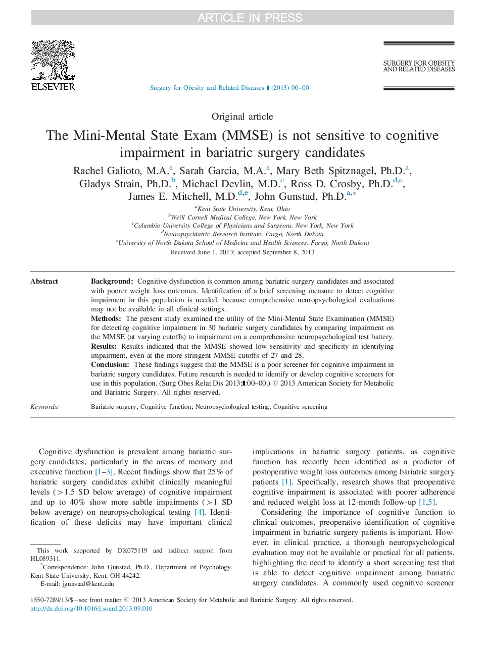 The Mini-Mental State Exam (MMSE) is not sensitive to cognitive impairment in bariatric surgery candidates