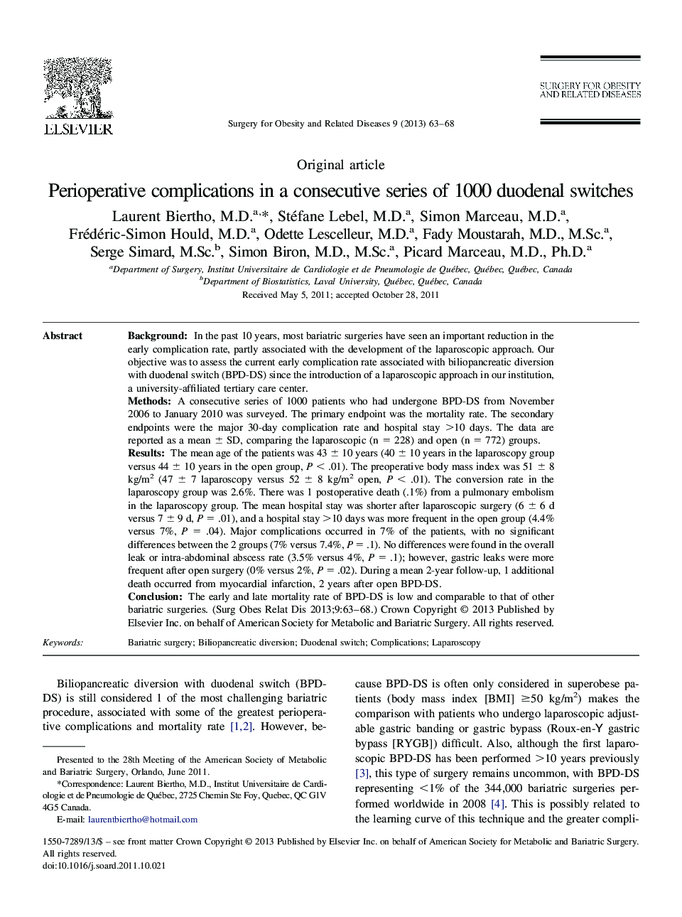 Perioperative complications in a consecutive series of 1000 duodenal switches