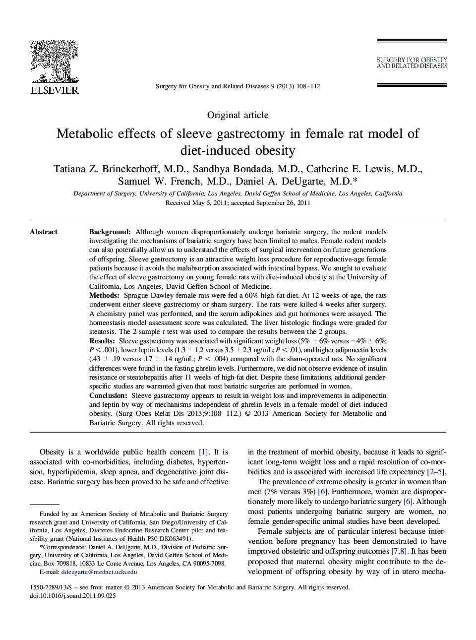 Metabolic effects of sleeve gastrectomy in female rat model of diet-induced obesity