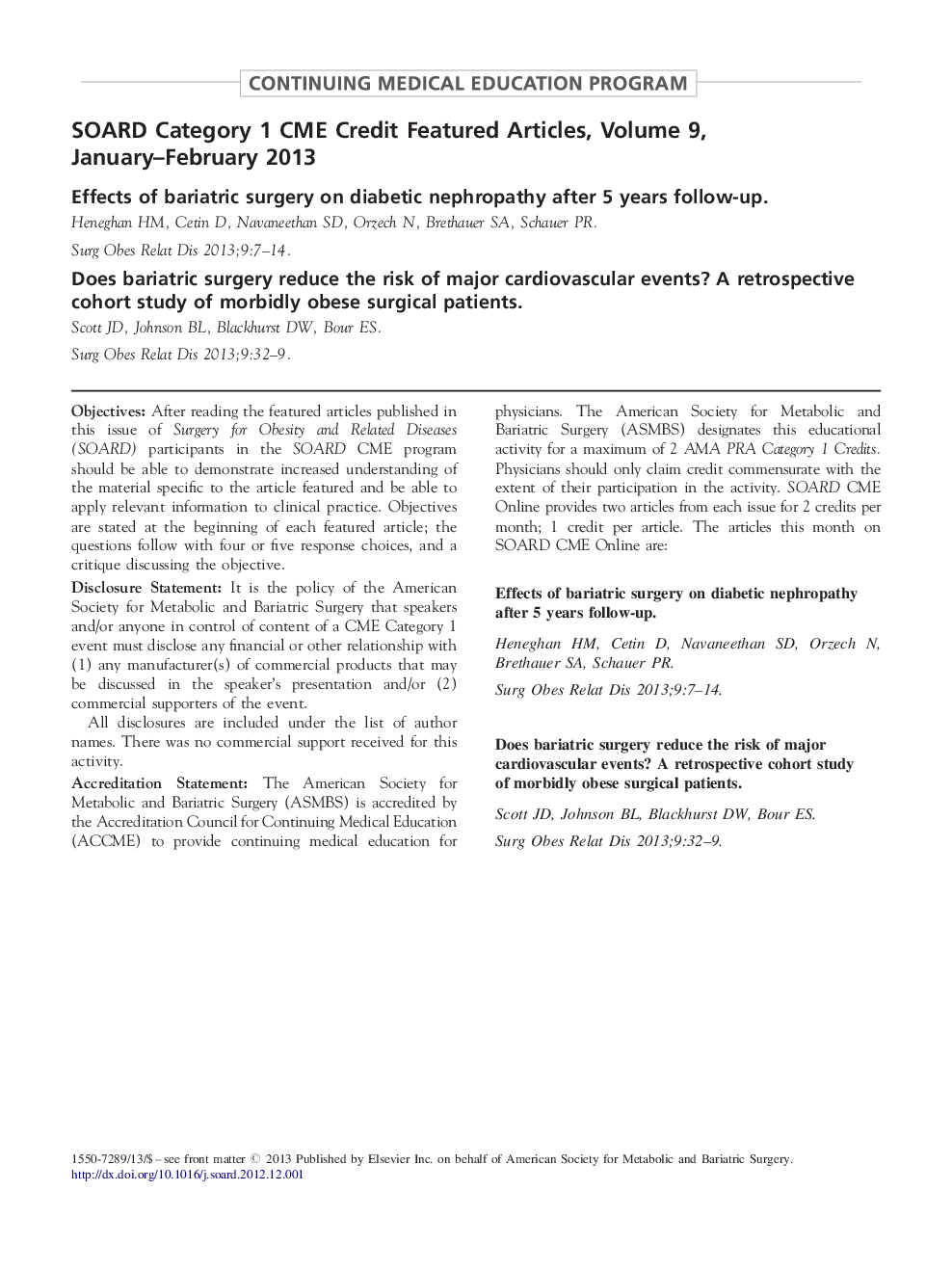 SOARD Category 1 CME Credit Featured Articles, Volume 9, January-February 2013