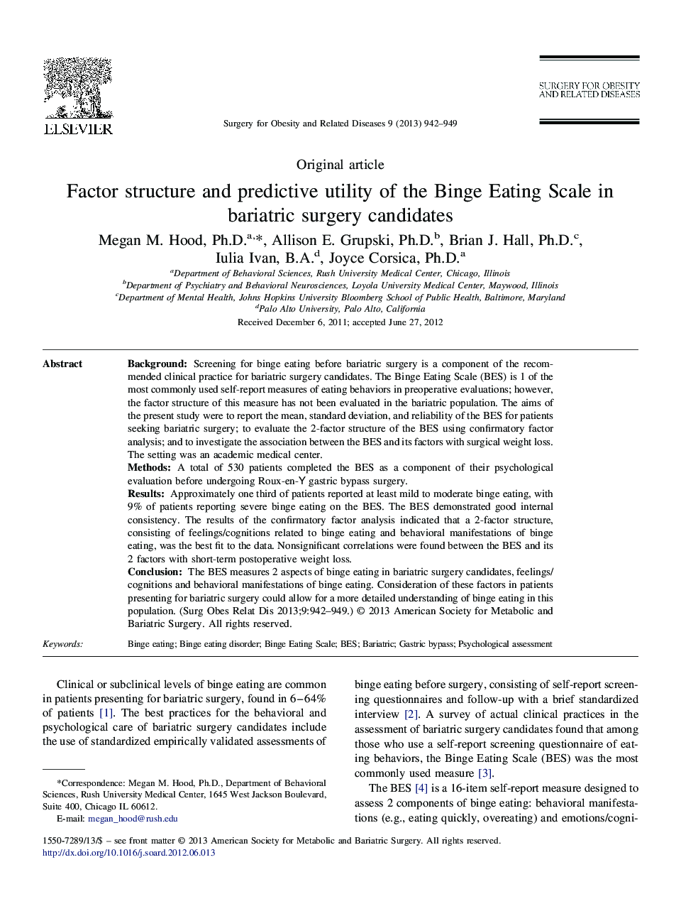 Factor structure and predictive utility of the Binge Eating Scale in bariatric surgery candidates