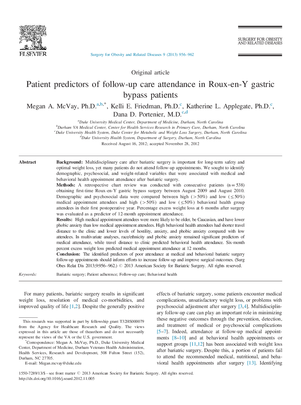 Patient predictors of follow-up care attendance in Roux-en-Y gastric bypass patients