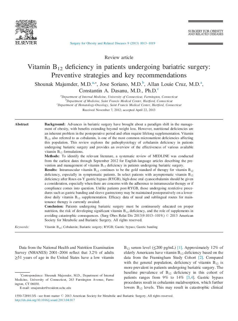 عکس صفحه اول مقاله: Vitamin B12 deficiency in patients undergoing bariatric surgery: Preventive strategies and key recommendations Vitamin B12 deficiency in patients undergoing bariatric surgery: Preventive strategies and key recommendations