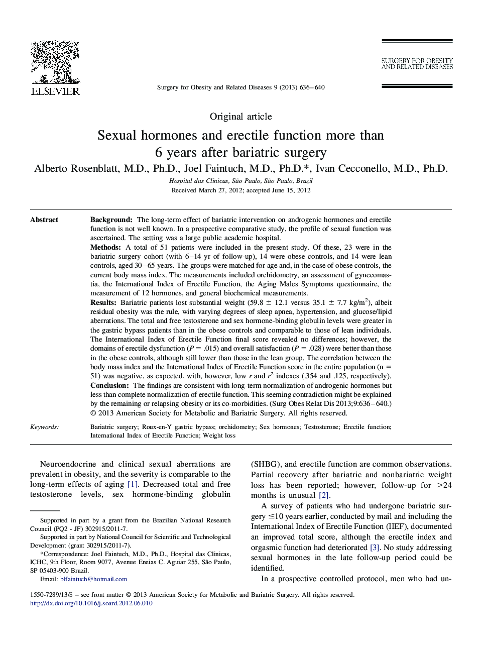Sexual hormones and erectile function more than 6 years after bariatric surgery