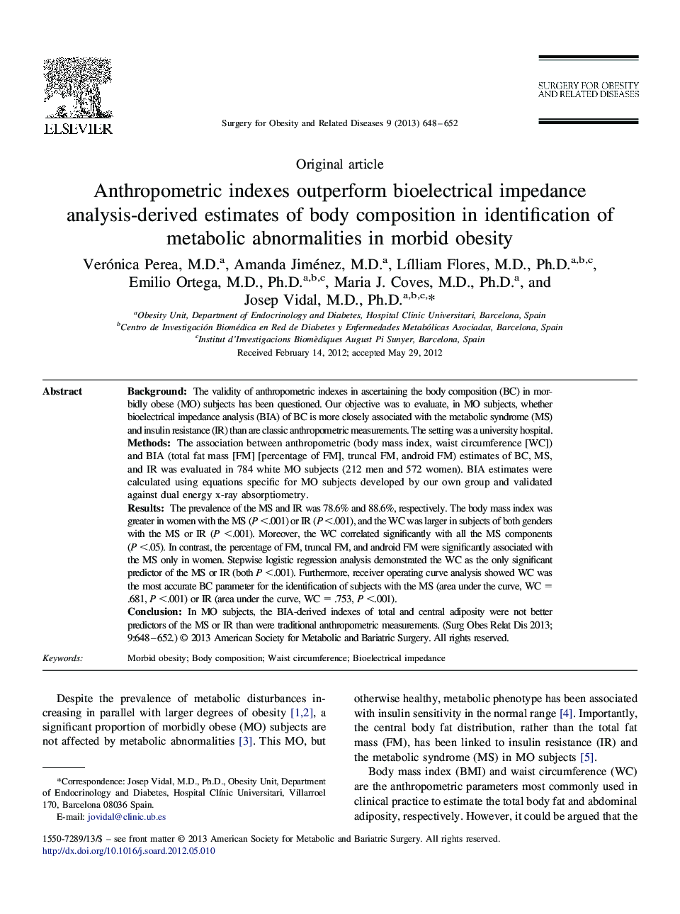 Anthropometric indexes outperform bioelectrical impedance analysis-derived estimates of body composition in identification of metabolic abnormalities in morbid obesity