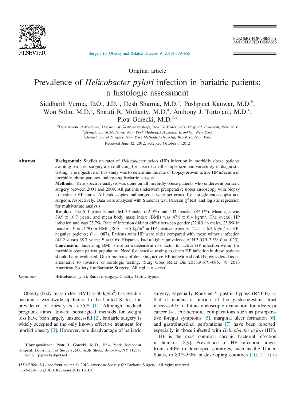 عکس صفحه اول مقاله: Prevalence of Helicobacter pylori infection in bariatric patients: a histologic assessment Prevalence of Helicobacter pylori infection in bariatric patients: a histologic assessment