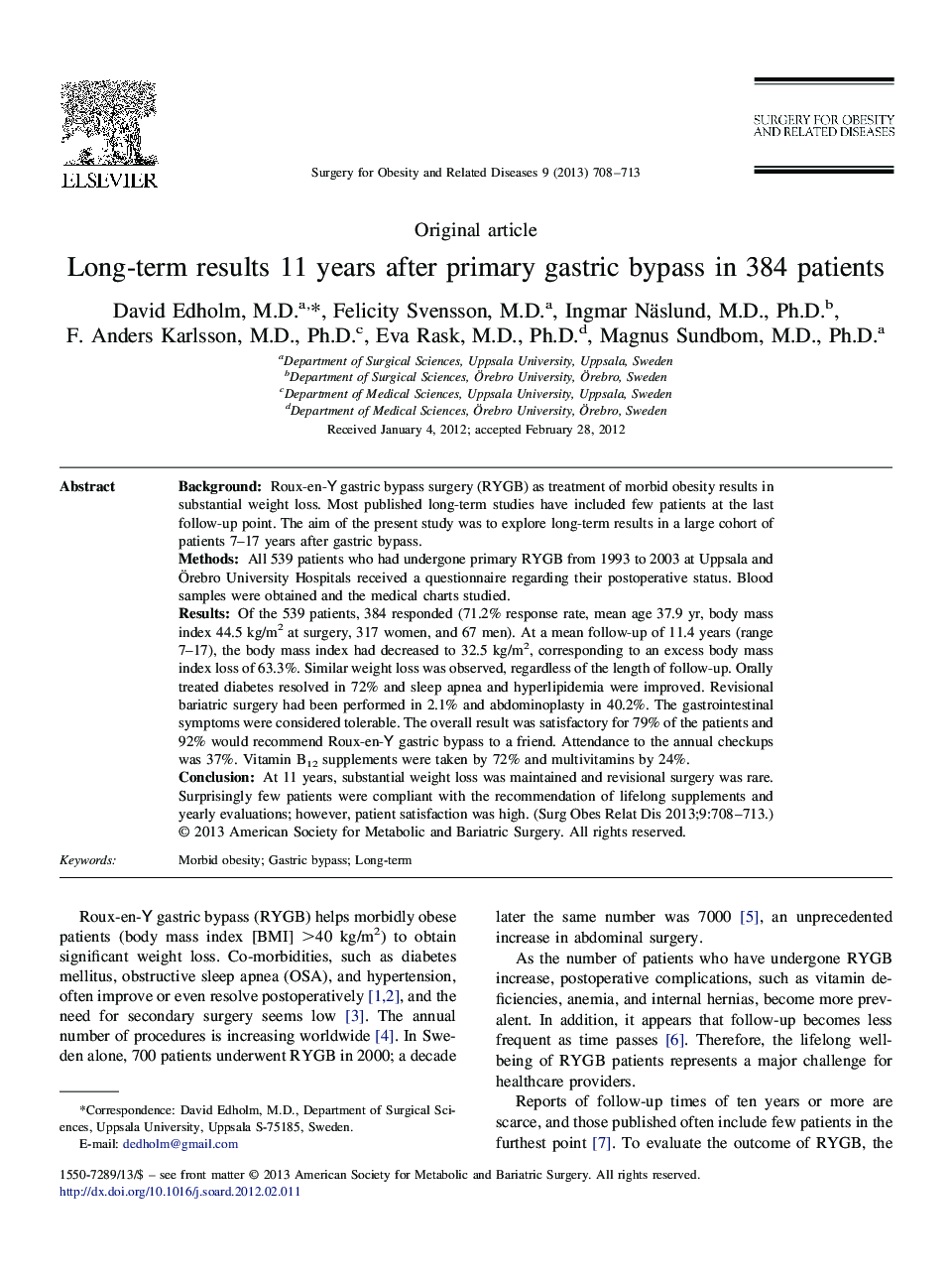 Long-term results 11 years after primary gastric bypass in 384 patients