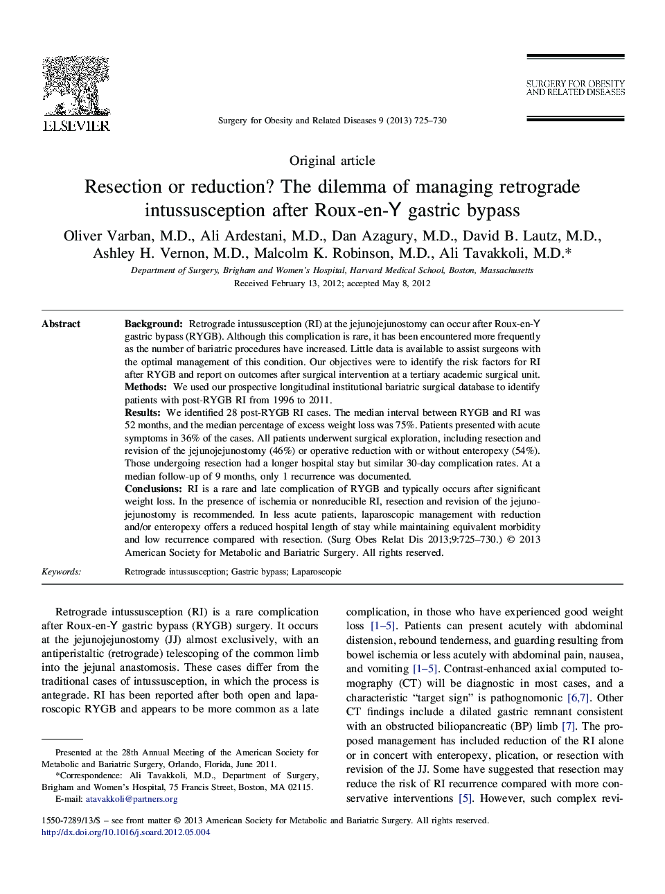 عکس صفحه اول مقاله: Resection or reduction? The dilemma of managing retrograde intussusception after Roux-en-Y gastric bypass Resection or reduction? The dilemma of managing retrograde intussusception after Roux-en-Y gastric bypass
